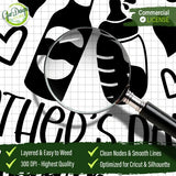 A technical close-up shot using a magnifying glass to show the clean nodes and smooth lines of the Our First Father's Day Together SVG, emphasizing that it is easy to weed for vinyl crafters.