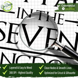 A magnifying glass zooming in on the design to highlight clean nodes, smooth lines, and professional 300 DPI quality, ensuring an easy weeding process for vinyl crafters.