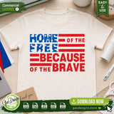 T-shirt mockup featuring the Home of the Free Because of the Brave SVG design. A striking American flag style layout perfect for crafting 4th of July, Memorial Day, and Veteran apparel using Cricut or sublimation.