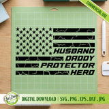 The Husband Daddy Protector Hero SVG design displayed on a green Cricut cutting mat with weeding tools, demonstrating a professional-grade DIY vinyl crafting project for Silhouette and Cricut users.