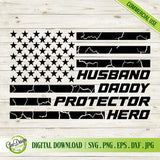 A high-quality digital design featuring 'Husband Daddy Protector Hero' text integrated into a distressed American flag layout, presented on a light wood background for commercial use and digital download.