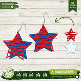DIY patriotic star-shaped earrings with a scribbled pattern design, shown as a layered faux leather project for Cricut and Silhouette machines.
