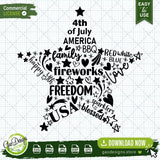 A digital design overview of the 4th of July star word cloud on a transparent grid background. The image clearly displays available file formats including SVG, PNG, DXF, and EPS, along with a commercial license badge, catering to small business owners looking for high-quality patriotic digital assets.