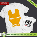 Mockup featuring an adult t-shirt with an Iron Man mask and a baby bodysuit with "Dad I Love You 3000" superhero design.