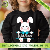 A child wearing a black sweatshirt with a personalized Easter Bunny split monogram SVG cut file design, named William with a teal frame - GaoDesigns