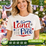 A smiling woman wearing a white t-shirt printed with the Land of the Free patriotic sublimation PNG design. This lifestyle photo demonstrates the design's suitability for 4th of July family gatherings and holiday celebrations.