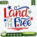 Detailed digital design of Land of the Free SVG and PNG files displayed on a professional grid background. The image highlights the clean typography and star elements, perfect for Cricut and Silhouette cutting machine users.