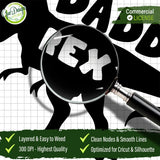 An extreme close-up view focusing on a section of the design on a SVG design grid, highlighted by a realistic magnifying glass that magnifies the word 'REX' within the 'DADDY' word. Includes a checklist of technical features: Layered & Easy to Weed, Clean Nodes & Smooth Lines, 300 DPI - Highest Quality, and Optimized for Cricut & Silhouette. Gao Designs Store branding included.