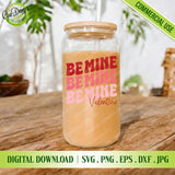 Glass can cup mockup with retro wavy Be Mine Valentine decal, trendy iced coffee aesthetic.