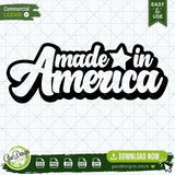 Clear black and white graphic preview of the Made in America design with a star element on a white grid background, available as a clean vector cut file and high-resolution sublimation graphic.