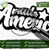 A magnifying glass zooming in on the sharp outlines of the Made in America SVG design to highlight the smooth lines, clean nodes, and layered layout optimized for effortless vinyl weeding.