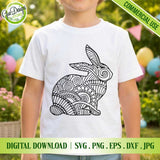 White t-shirt mockup with the Mandala Bunny zentangle design in black and white