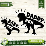 A digital design flat-lay layout on a light wood grain background, showcasing the entire two-design bundle. The Daddy-Rex T-Rex silhouette and Baby-Rex T-Rex silhouette designs are displayed side-by-side. The image explicitly lists the included formats (SVG, PNG, JPG, DXF, EPS) and the 02 Designs Included badge. Commercial license information and Gao Designs Store branding are present.
