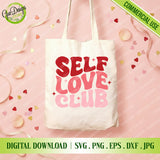 Canvas tote bag printed with Self Love Club groovy text, a perfect self-care gift idea.