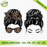 Two messy bun SVG designs including leopard bandana and simple bun style