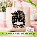 Tote bag with messy bun SVG design and leopard bandana style