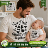 A heartwarming lifestyle photo of a smiling father and his baby wearing matching white shirts with the Our First Father's Day Together PNG sublimation design, perfect for a first-time dad gift.