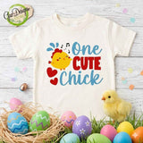  One Cute Chick Easter design with a yellow chick and red hearts on a white baby t-shirt