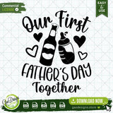 The digital vector preview of the Our First Father's Day Together SVG design with hearts and bottle illustrations on a professional grid background, ready for Cricut and Silhouette cutting machines.