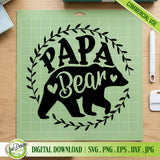 Papa Bear SVG cut file for Cricut and Silhouette machines shown on a green cutting mat, perfect for vinyl and paper crafting.