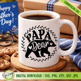 Papa Bear SVG design for Father's Day printed on a white ceramic coffee mug, featuring a bear silhouette and laurel wreath