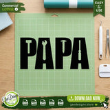 A clean black PAPA typography design with tool icons displayed on a green electronic cutting mat. This SVG cut file is easy to weed and specifically optimized for Cricut, Silhouette, and other vinyl cutting machines.