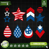 A bundle of 8 patriotic earring SVG designs featuring stars, stripes, and geometric patterns in red, white, and blue for 4th of July crafts.