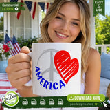 A happy woman holding a white ceramic coffee mug printed with the America peace heart patriotic design, showcasing a perfect sublimation project idea for Independence Day gifts.