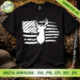 White buck head and American flag graphic on a black t-shirt for hunters and patriots