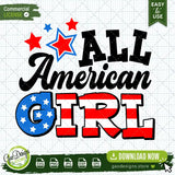 Digital preview of the All American Girl vector cut file shown on a grid layout background, demonstrating the aligned layout ready for Cricut and Silhouette cutting software.