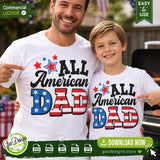 Father and son smiling together in matching white t-shirts with All American Dad patriotic designs, demonstrating a family-themed 4th of July outfit created with SVG and PNG cut files.