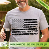 A lifestyle mockup showing a smiling man wearing a gray t-shirt printed with the Husband Daddy Protector Hero patriotic flag design, providing Father's Day gift inspiration for apparel sellers.