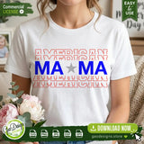 Close-up of a white t-shirt with the American Mama PNG sublimation design in a lifestyle setting. This high-quality graphic demonstrates how the patriotic typography looks on casual apparel for moms and handmade sellers.