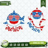 Grid presentation of the two patriotic shark digital download vector designs side by side, featuring American flag patterns and sunglasses, optimized for Cricut, Silhouette, and graphic software compatibility.