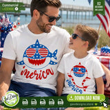 A father and son smiling on the beach while wearing matching custom white t-shirts featuring the patriotic Merica shark digital designs, showcasing a real-life holiday apparel application for DIY crafters.
