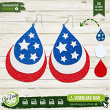 Three-layered teardrop earrings in red, white, and blue with star cutouts, optimized for faux leather or acrylic laser cutting.