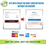 Instructions on how to pay with credit or debit card on PayPal without an account, featuring PayPal and payment method logos.