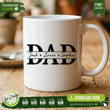 Close up of a white ceramic coffee mug on a wooden table featuring a Dad split monogram personalized with children's names Josh, Lucie, and Sophia.