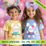Mockup of two children wearing yellow and blue t-shirts with personalized Easter Bunny split monogram SVG designs, named William and Emily - GaoDesigns