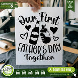 A high-quality printed transfer sheet of the Our First Father's Day Together design being held over a t-shirt, demonstrating the crisp black ink quality for DIY heat press projects.