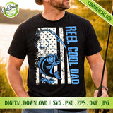 
T-shirt mockup featuring a Reel Cool Dad fishing SVG design with American flag, perfect for Father's Day shirts.