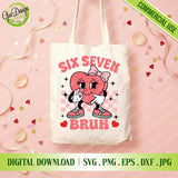 Tote bag with cartoon heart design and text "Six Seven Bruh" on a pink background with confetti