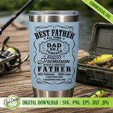 Vintage Father’s Day SVG design displayed on a blue tumbler mockup at a scenic fishing spot, ideal for personalized gifts for the world’s greatest dad.