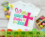 Hanging white kids t-shirt mockup featuring the colorful "Silly Rabbit Easter is for Jesus" design with pink bunny ears and a Christian cross
