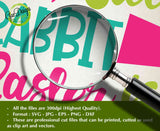 Close-up detail of the "Silly Rabbit Easter is for Jesus" SVG file under a magnifying glass, highlighting the clean cut lines and smooth vector nodes of the typography and pink cross