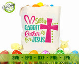 Canvas tote bag mockup displayed with the "Silly Rabbit Easter is for Jesus" SVG design, surrounded by spring Easter eggs and festive decor