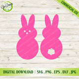 Digital file preview of the Simple Pink Easter Peeps SVG bundle showing the face and tail bunny silhouettes on a white wooden background with watermarks