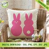Cozy wicker chair mockup with a decorative pillow featuring the simple solid pink Easter Peeps bunny design