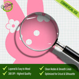  Close-up detail of the simple Pink Peeps Bunny SVG file under a magnifying glass, highlighting clean vector nodes and high-resolution quality