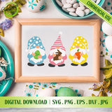 Hand-drawn bunny gnomes SVG used on a round wooden sign for farmhouse style Easter home decor - GaoDesigns